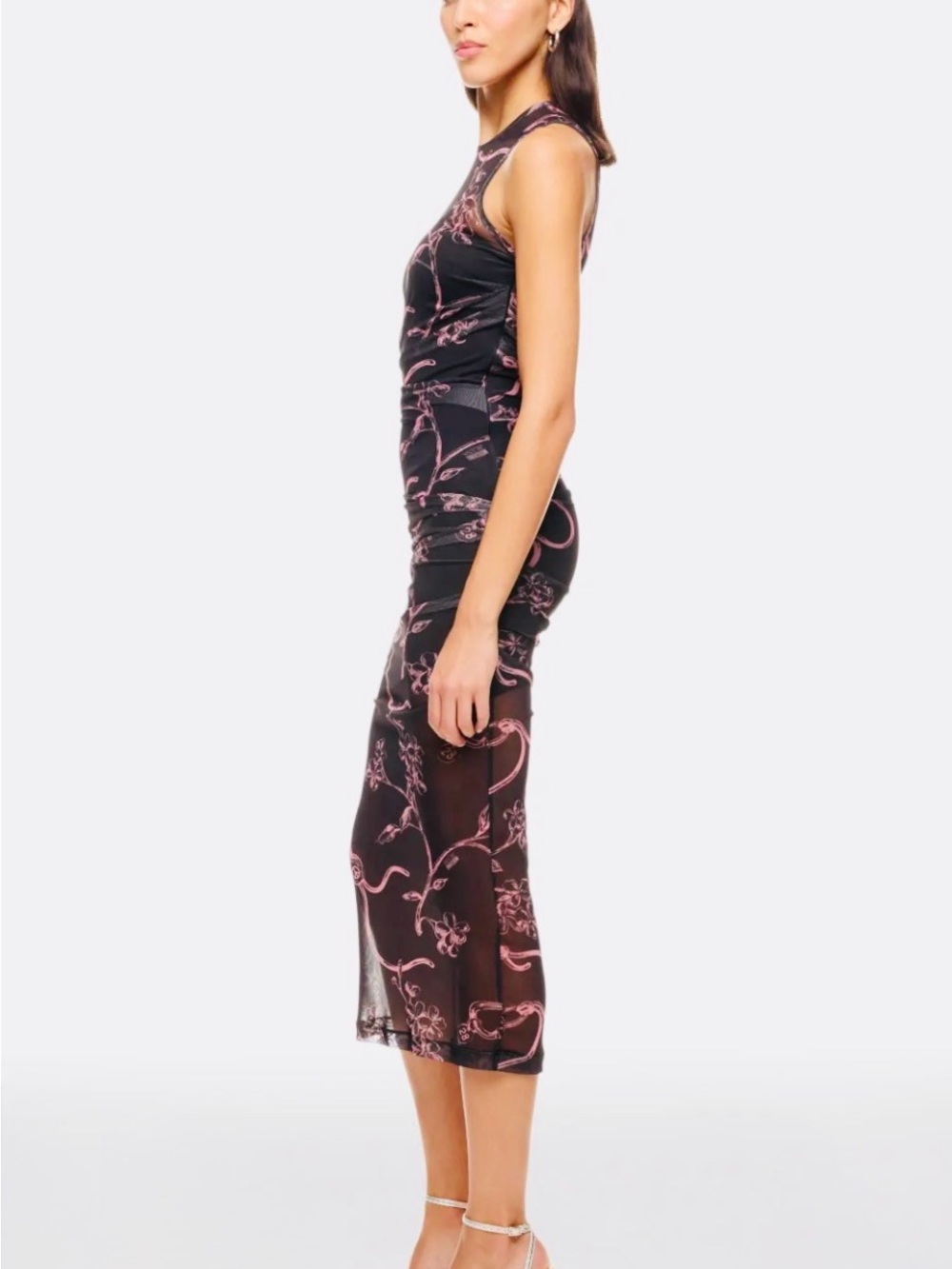 Moschino Jeans Floral Mesh Midi Dress Black Pink Size 38 US 2